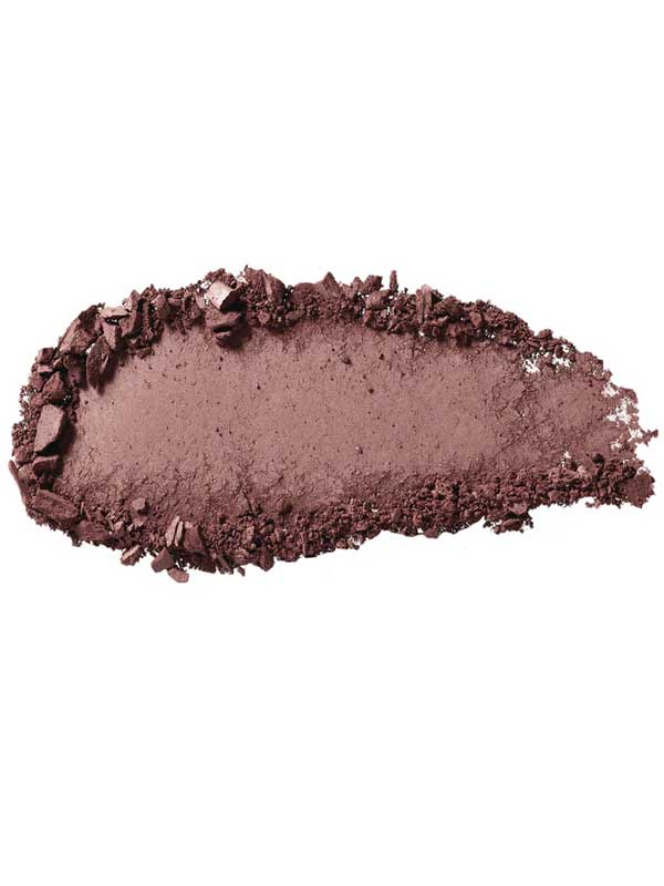 A swipe of the 100% Pure Fruit Pigmented® Eye Shadow 2g, richly pigmented in mauve with a smooth center and crumbly edges, is displayed on a white background, highlighting the vegan pressed powder by 100% Pure.
