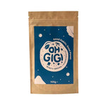 Kraft paper packaging with blue label featuring 'OH GIGI' brand on a white background