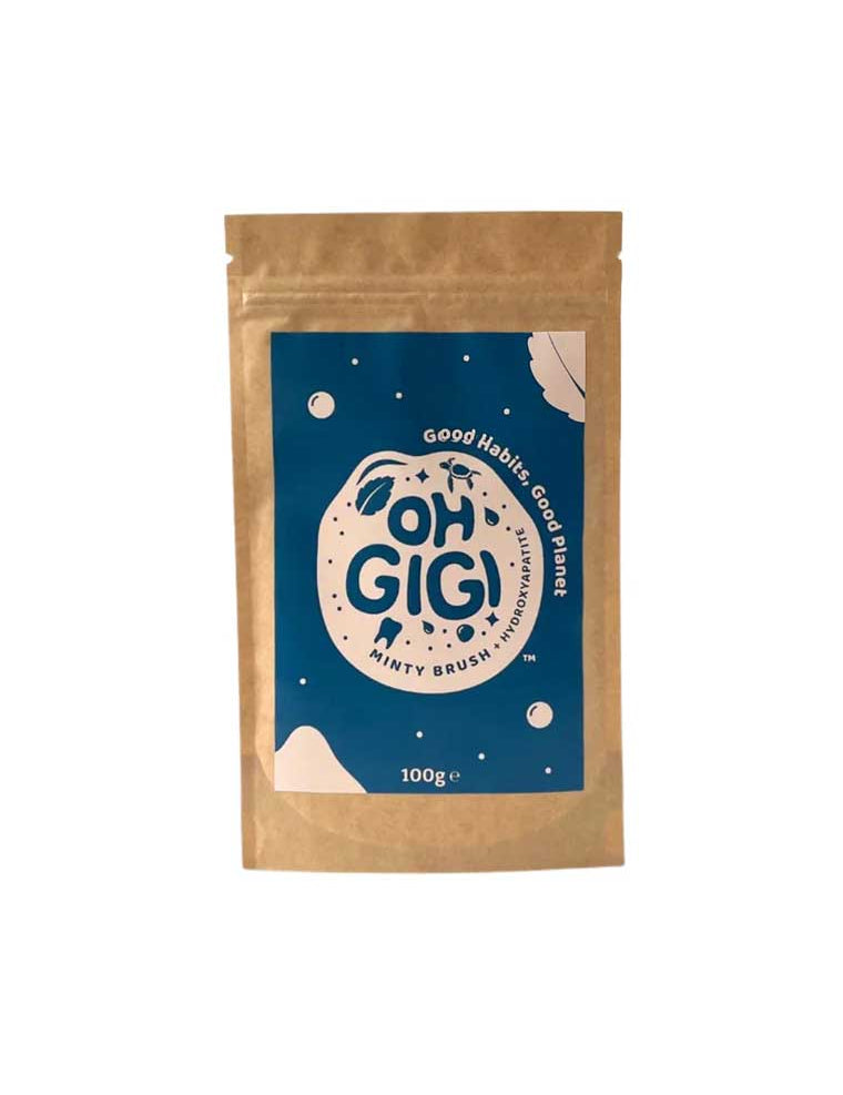 Kraft paper packaging with blue label featuring 'OH GIGI' brand on a white background