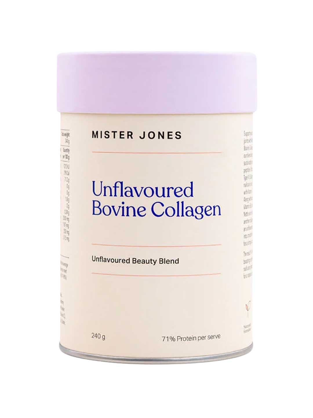 A cylindrical container of Mister Jones Unflavoured Bovine Collagen 240g with a pale purple lid and cream label featuring blue and purple text. This beauty supplement contains 71% protein per serving.