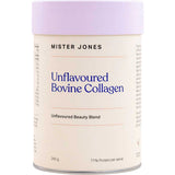A cylindrical container of Mister Jones Unflavoured Bovine Collagen 240g with a pale purple lid and cream label featuring blue and purple text. This beauty supplement contains 71% protein per serving.