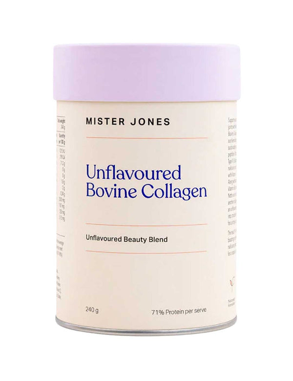 A cylindrical container of Mister Jones Unflavoured Bovine Collagen 240g with a pale purple lid and cream label featuring blue and purple text. This beauty supplement contains 71% protein per serving.