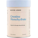 A container labeled Mister Jones Creatine Monohydrate 200g, a pure creatine supplement for Strength, Mood & Energy, features a light blue lid.