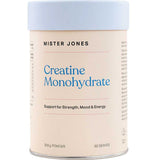 A container labeled Mister Jones Creatine Monohydrate 200g, a pure creatine supplement for Strength, Mood & Energy, features a light blue lid.