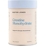 A container labeled Mister Jones Creatine Monohydrate 300g, a pure creatine supplement for Strength, Mood & Energy, features a light blue lid.