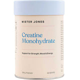 A container labeled Mister Jones Creatine Monohydrate 300g, a pure creatine supplement for Strength, Mood & Energy, features a light blue lid.