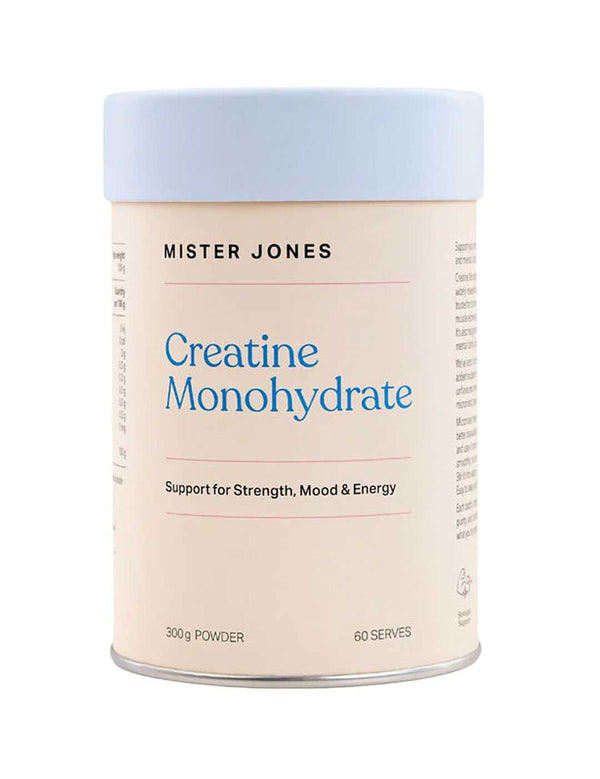 A container labeled Mister Jones Creatine Monohydrate 300g, a pure creatine supplement for Strength, Mood & Energy, features a light blue lid.
