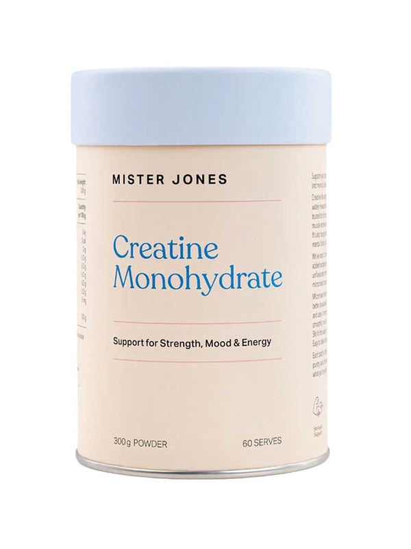 A container labeled Mister Jones Creatine Monohydrate 300g, a pure creatine supplement for Strength, Mood & Energy, features a light blue lid.