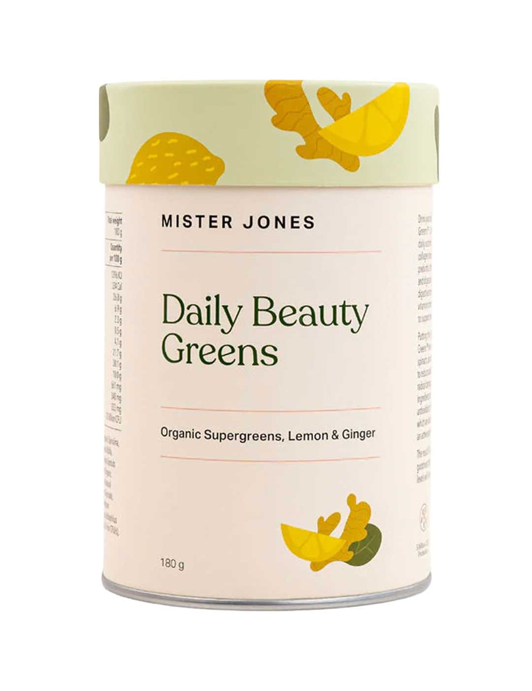 A cylindrical container of Mister Jones Daily Beauty Greens 180g, labeled Organic Supergreens Powder with vegan collagen boosters, Lemon & Ginger, and adorned with yellow and green leaf designs on a cream background.