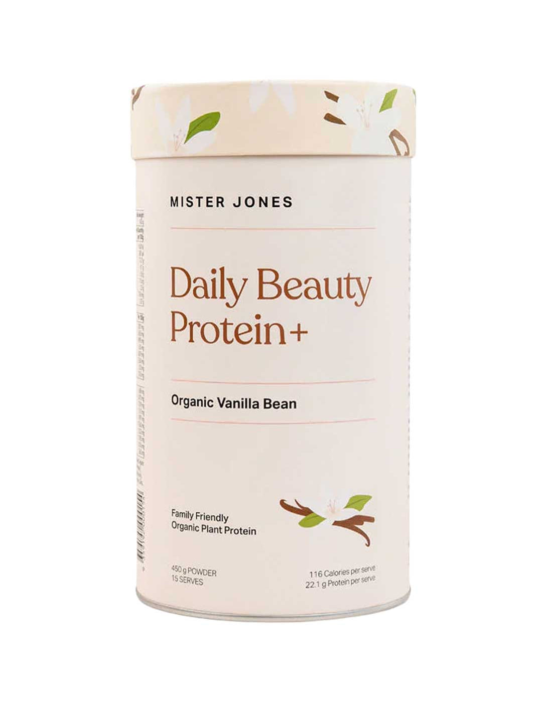 Mister Jones Daily Beauty Protein+ Organic Vanilla Bean 900g is a family-friendly, plant-based protein powder for gut health, in a cylindrical container with vanilla flower and pod illustrations on a light background.