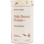 Mister Jones Daily Beauty Protein+ Organic Vanilla Bean 900g is a family-friendly, plant-based protein powder for gut health, in a cylindrical container with vanilla flower and pod illustrations on a light background.