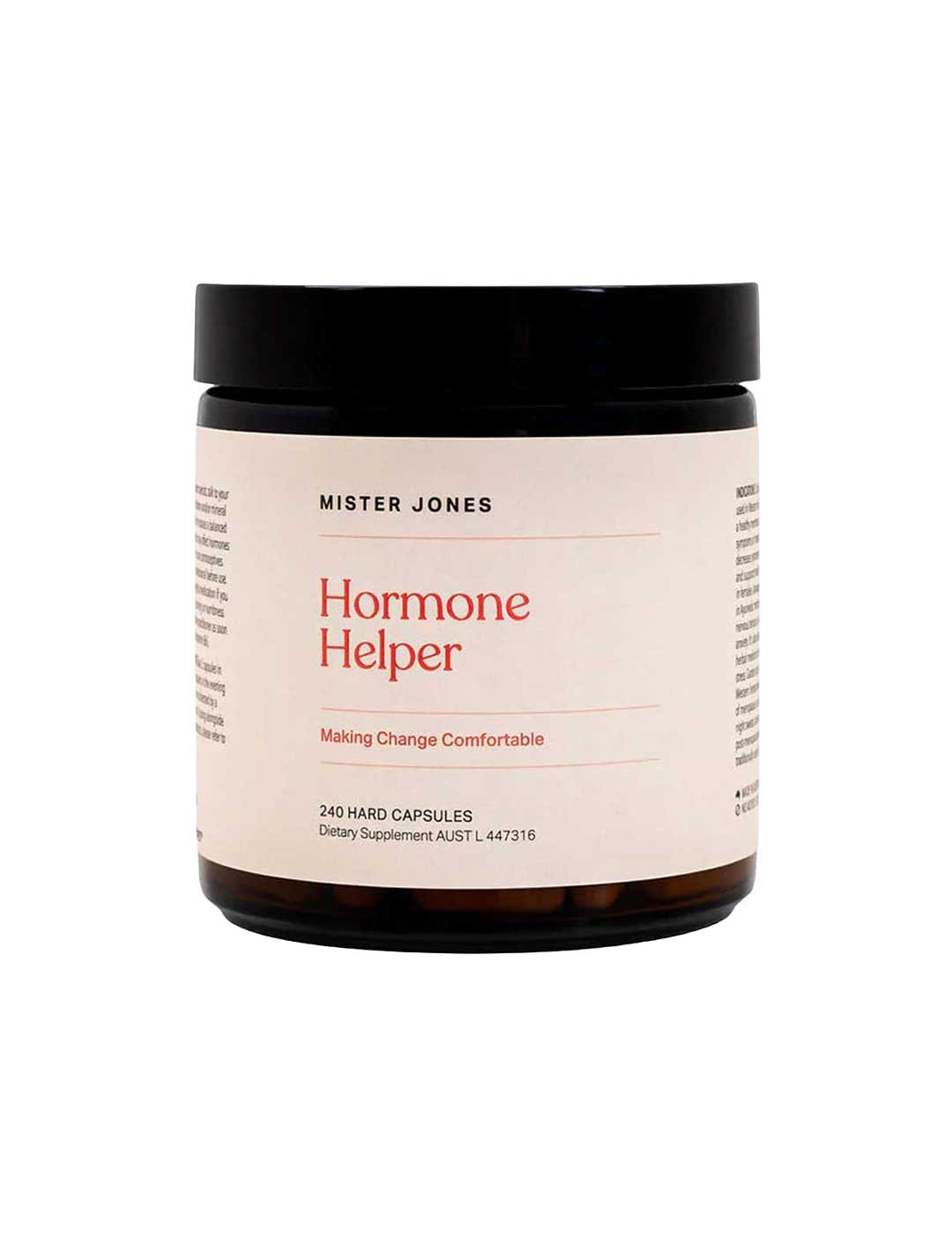 Mister Jones Hormone Helper 240 Caps is a hormone balance supplement in a jar with 240 hard capsules, featuring a black lid and a beige label with red and black text for comfortable change.