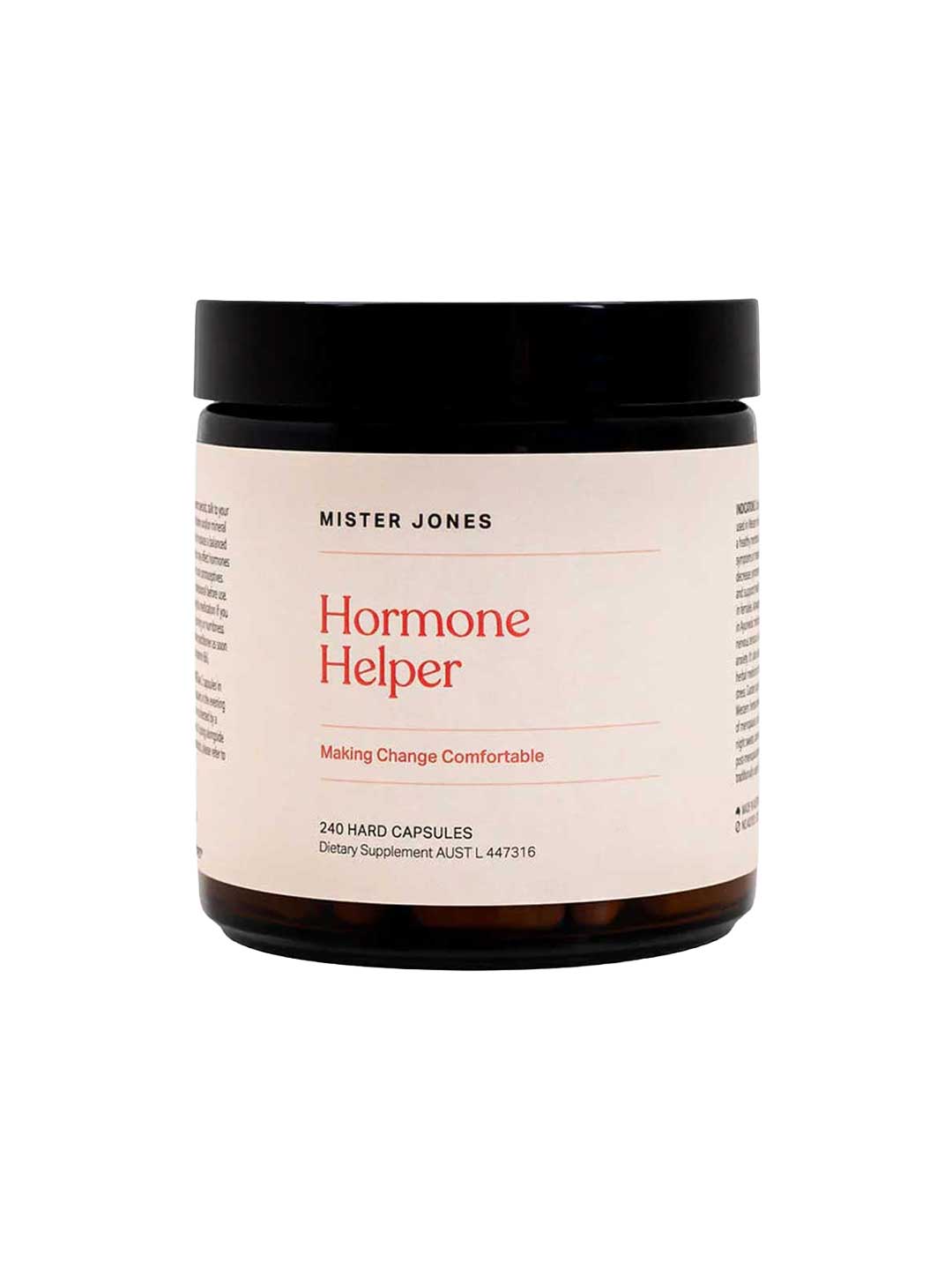 Mister Jones Hormone Helper 240 Caps is a hormone balance supplement in a jar with 240 hard capsules, featuring a black lid and a beige label with red and black text for comfortable change.