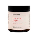 Mister Jones Hormone Helper 240 Caps is a hormone balance supplement in a jar with 240 hard capsules, featuring a black lid and a beige label with red and black text for comfortable change.