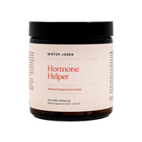 Mister Jones Hormone Helper 240 Caps is a hormone balance supplement in a jar with 240 hard capsules, featuring a black lid and a beige label with red and black text for comfortable change.