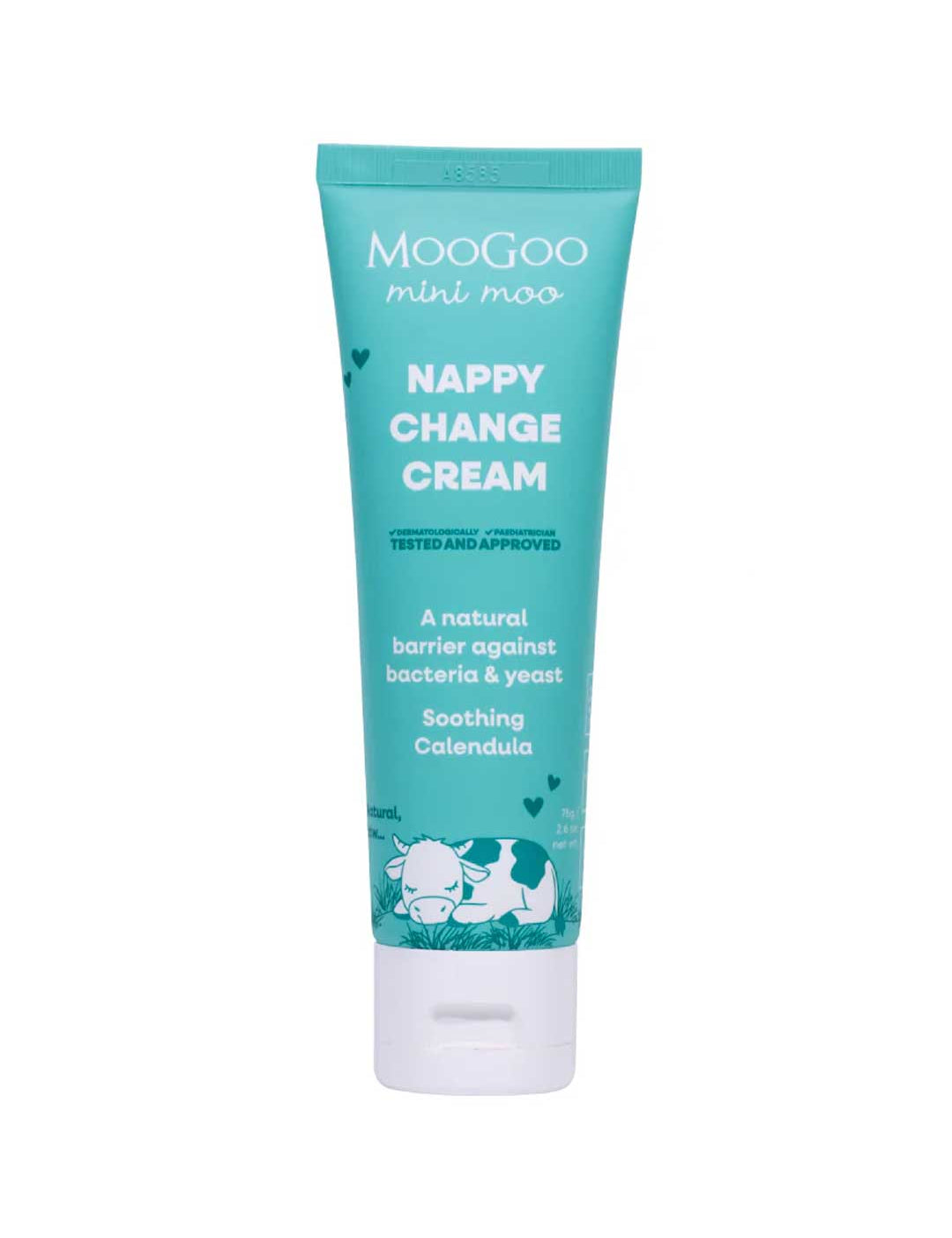 A teal tube of MooGoo Mini Moo Baby Nappy Change Cream 75g features white text and two cartoon cows, highlighting calendula’s soothing benefits as an effective and gentle nappy rash cream for babies.