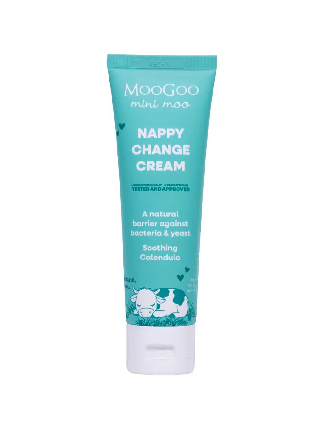 A teal tube of MooGoo Mini Moo Baby Nappy Change Cream 75g features white text and two cartoon cows, highlighting calendula’s soothing benefits as an effective and gentle nappy rash cream for babies.