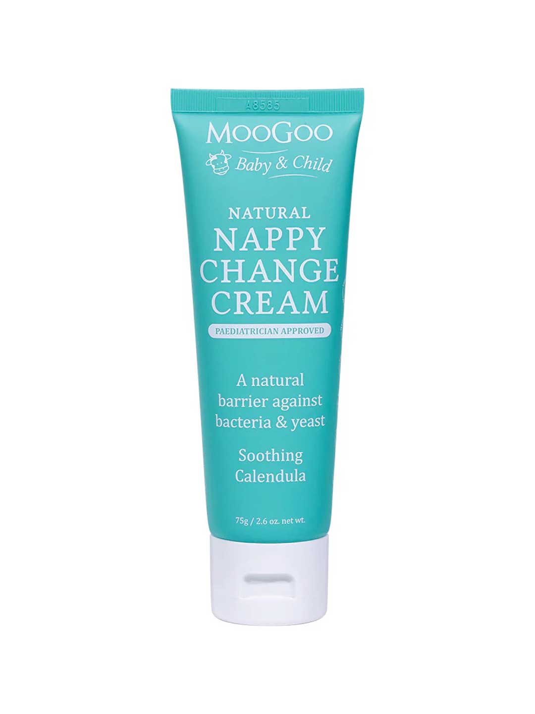 A turquoise tube of Moo Goo Baby Nappy Change Cream 75g with a white cap, labeled as paediatrician approved with soothing calendula and barrier cream protection.