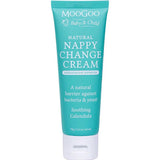 A turquoise tube of Moo Goo Baby Nappy Change Cream 75g with a white cap, labeled as paediatrician approved with soothing calendula and barrier cream protection.