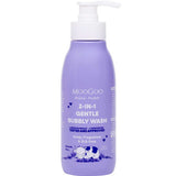A 500ml bottle of MooGoo 2-in-1 Mini Moo Bubbly Wash with pump, gentle and natural for sensitive skin, in purple packaging with white and blue text and a cartoon cow at the bottom.