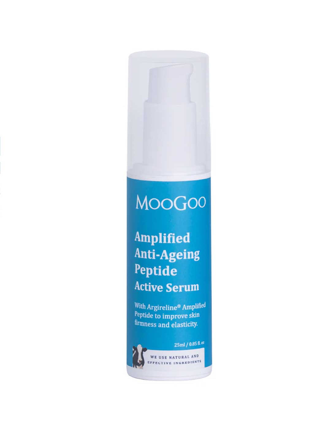 MooGoo Amplified Anti-Ageing Peptide Active Serum with Argireline® 25ml features a pump dispenser and blue label, designed to help reduce wrinkles and improve skin firmness and elasticity.