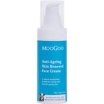 A blue and white 75g bottle of MooGoo Anti-Ageing Skin Renewal Face Cream with a pump. The label promotes collagen support, deep hydration, and plumping for ageing skin, with two small cow illustrations at the bottom.