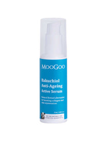 MooGoo Bakuchiol Anti-Ageing Active Serum 25ml is a white pump bottle with blue branding. This natural retinol alternative promotes collagen boosting and skin rejuvenation.