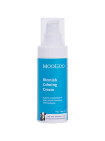 The MooGoo Blemish Calming Cream 75g comes in a white bottle with a blue label and pump. This non-comedogenic moisturiser hydrates blemish-prone skin while helping to control blemishes and breakouts.