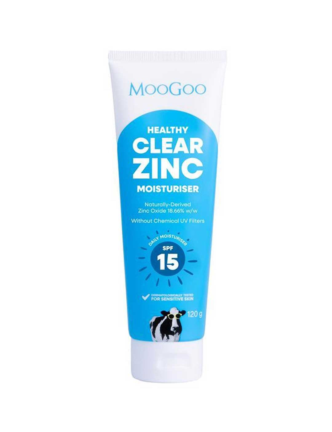 A 120g tube of MooGoo Cover Up Buttercup SPF 15 Natural Moisturiser, with a blue and white design, zinc oxide details, and a cow illustration on the bottom. Ideal for sensitive skin.