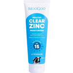 A 120g tube of MooGoo Cover Up Buttercup SPF 15 Natural Moisturiser, with a blue and white design, zinc oxide details, and a cow illustration on the bottom. Ideal for sensitive skin.