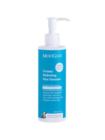 A 250ml white pump bottle of MooGoo Creamy Hydrating Face Cleanser, featuring a blue label with product details, offers gentle cleansing with hyaluronic acid and is suitable for sensitive skin.