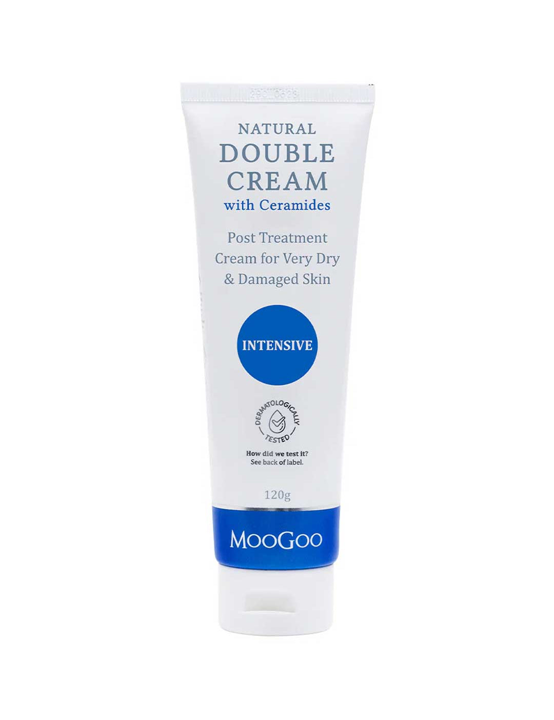 MooGoo Double Cream with Ceramides 120g is an ultra-hydrating moisturizer for very dry, sensitive skin, featuring a white tube with blue accents and a dermatologically tested logo.