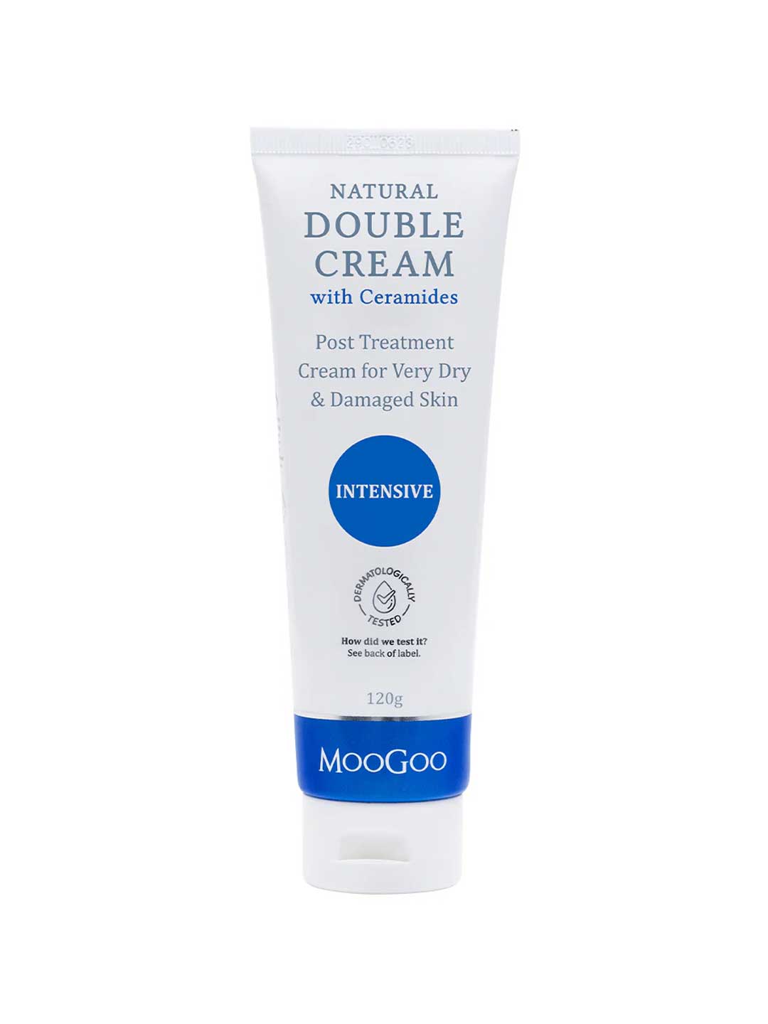 MooGoo Double Cream with Ceramides 120g is an ultra-hydrating moisturizer for very dry, sensitive skin, featuring a white tube with blue accents and a dermatologically tested logo.