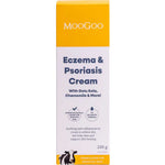A yellow and white box of MooGoo Eczema & Psoriasis Cream 200g highlights Gotu Kola and Chamomile, with benefits for dry, red, itchy skin and dermatitis relief. Formulated for sensitive skin.