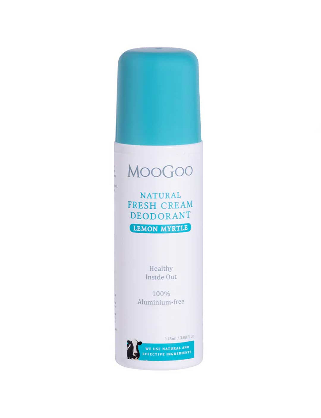 Taller sized Moogoo natural fresh cream deodorant bottle in 115ml on a white background
