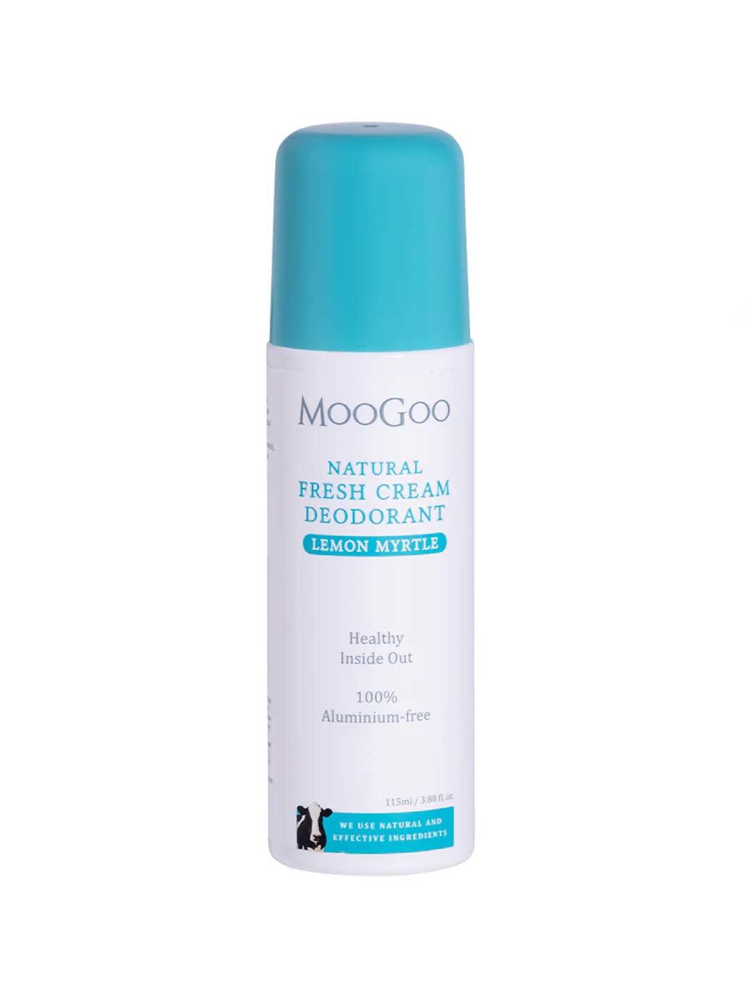 Taller sized Moogoo natural fresh cream deodorant bottle in 115ml on a white background