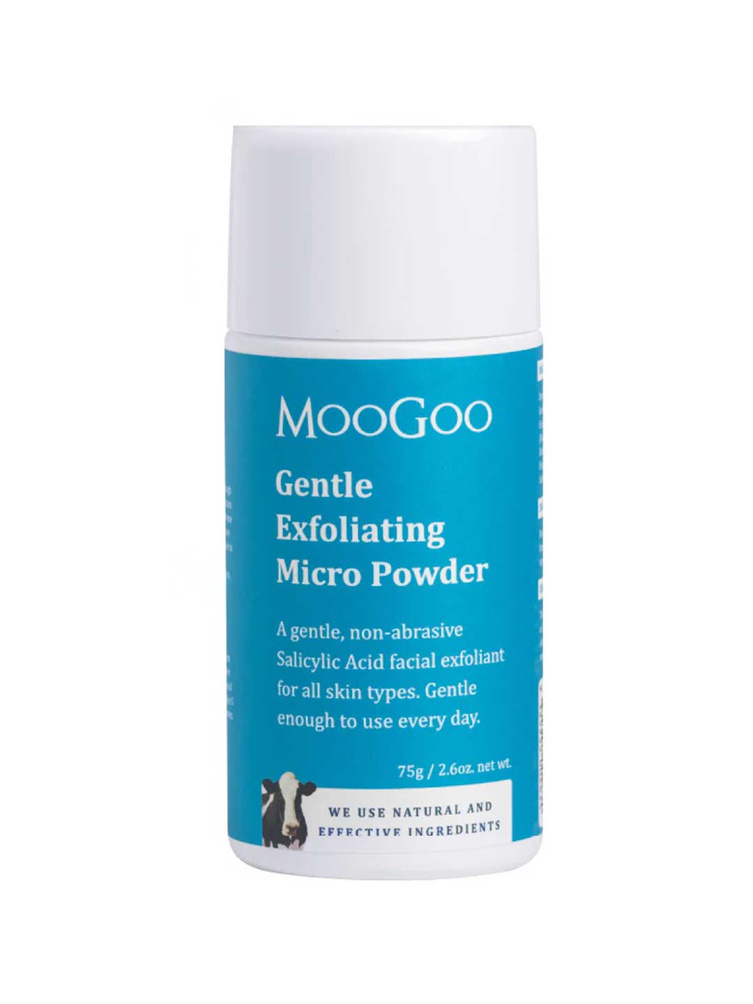 A cylindrical 75g container of MooGoo Gentle Exfoliating Micro Powder features a white cap, blue label with product details, and a small cow graphic near the base. This facial exfoliant by MooGoo is designed for sensitive skin.