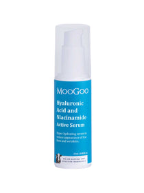 MooGoo Hyaluronic Acid and Niacinamide Active Serum 25ml features a hydrating, anti-wrinkle formula for refreshed, youthful skin. Comes in a 25ml bottle with a white pump and blue label.