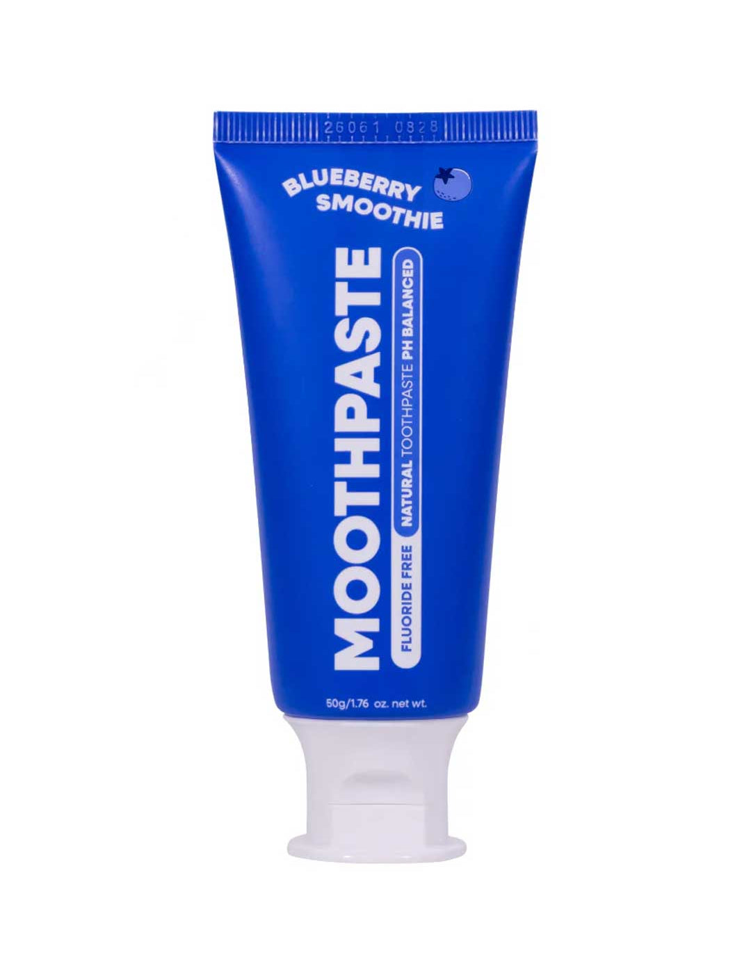 A blue 50g tube of MooGoo Kids Moothpaste Blueberry Smoothie is fluoride free, natural, and pH balanced. It features a white cap and blueberry smoothie flavor.