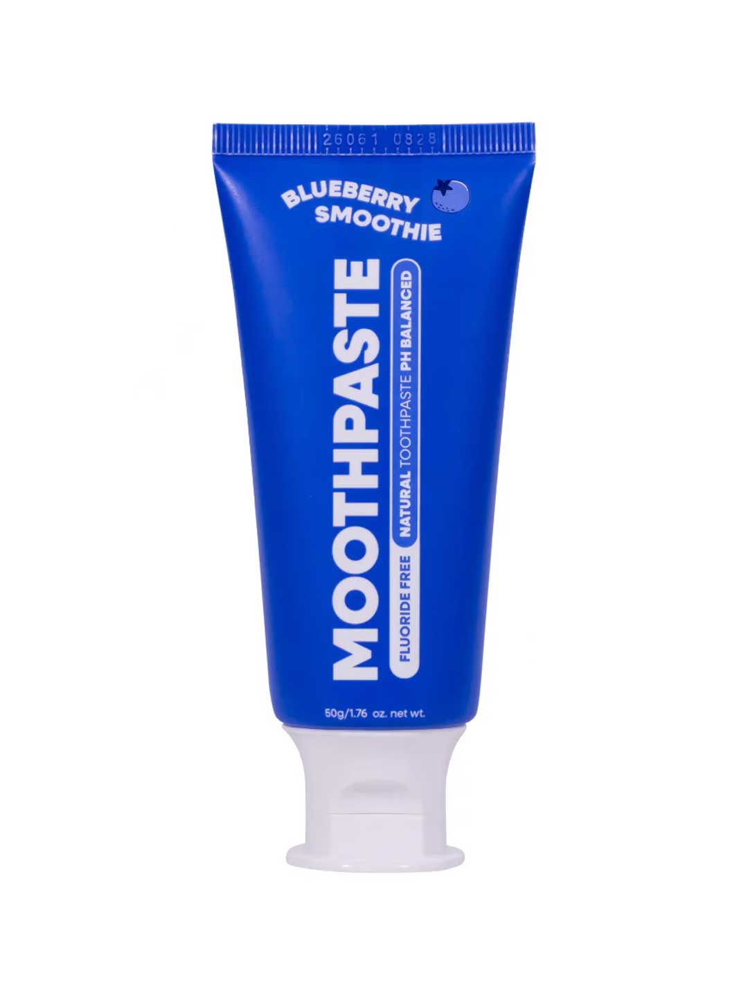 A blue 50g tube of MooGoo Kids Moothpaste Blueberry Smoothie is fluoride free, natural, and pH balanced. It features a white cap and blueberry smoothie flavor.