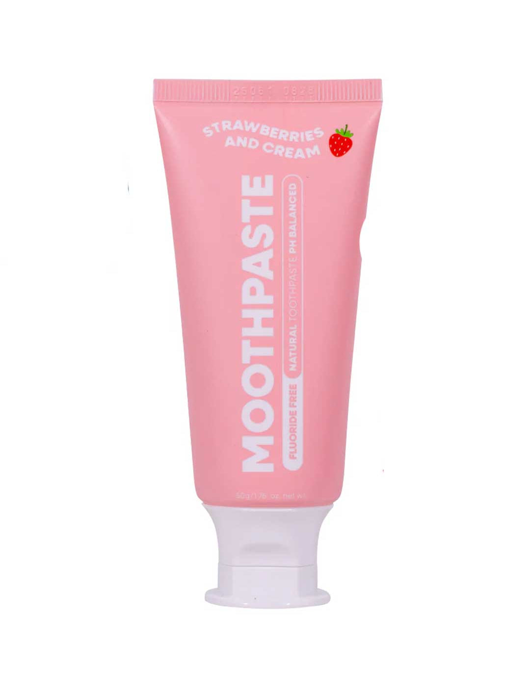 A pink tube of MooGoo Kids Moothpaste Strawberries & Cream - Fluoride Free 50g features a small strawberry graphic and notes it's fluoride free and pH balanced.