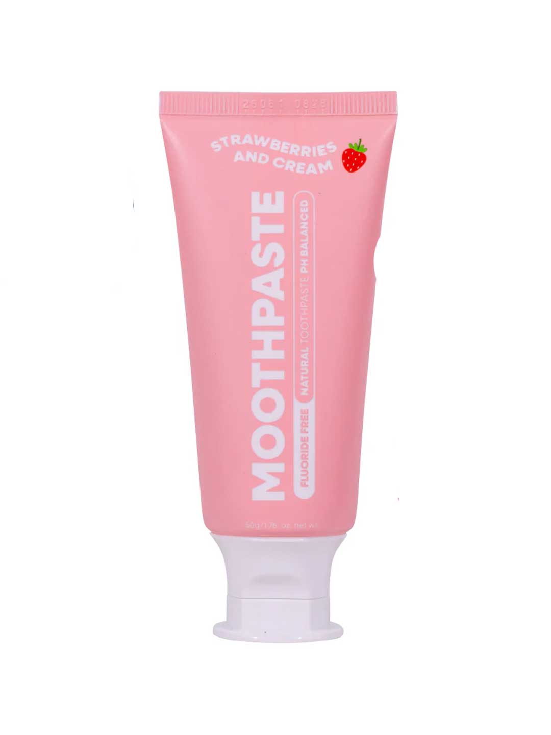 A pink tube of MooGoo Kids Moothpaste Strawberries & Cream - Fluoride Free 50g features a small strawberry graphic and notes it's fluoride free and pH balanced.