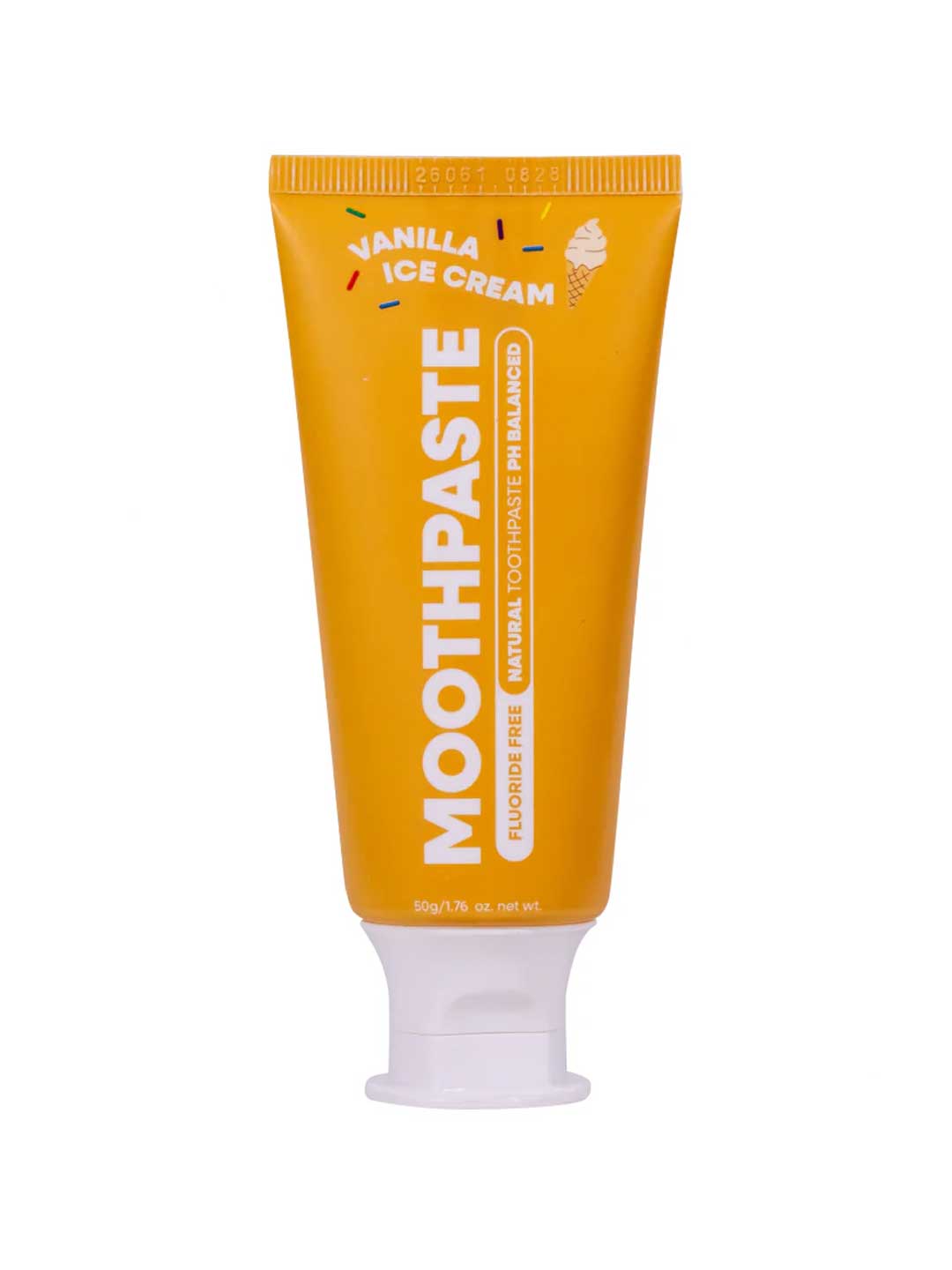 A yellow 50g tube of MooGoo Kids Moothpaste Vanilla Ice Cream, fluoride free and pH balanced, stands upright. The packaging resembles toothpaste and is clearly branded MooGoo.
