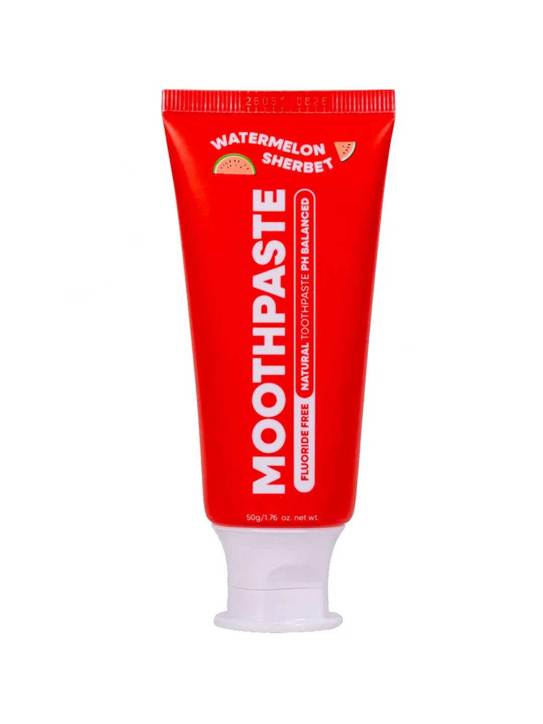 A red MooGoo Kids Moothpaste Watermelon Sherbet 50g tube stands upright with a white cap, featuring a watermelon icon. The packaging highlights that it's natural and fluoride free.
