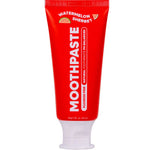 A red MooGoo Kids Moothpaste Watermelon Sherbet 50g tube stands upright with a white cap, featuring a watermelon icon. The packaging highlights that it's natural and fluoride free.
