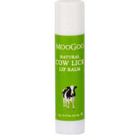 A 5g tube of MooGoo Lip Balm - Cow Lick with a green label, white cap, and cow illustration—this natural balm soothes dry lips with nourishing ingredients.