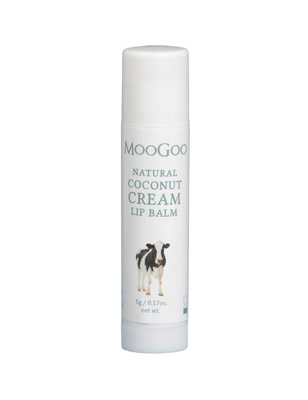 A 5g white tube of MooGoo Lip Balm - Natural Coconut, made in Australia, featuring a cow illustration and product text on the label. This natural lip balm delivers coconut hydration for your lips.