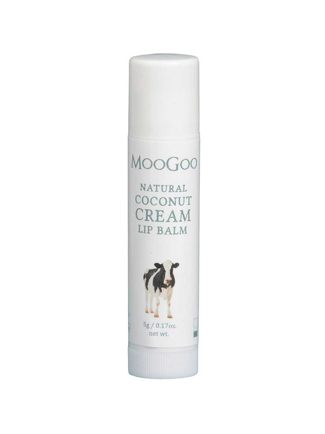 A 5g white tube of MooGoo Lip Balm - Natural Coconut, made in Australia, featuring a cow illustration and product text on the label. This natural lip balm delivers coconut hydration for your lips.