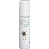 A 5g white tube of MooGoo Lip Balm - Natural Coconut, made in Australia, featuring a cow illustration and product text on the label. This natural lip balm delivers coconut hydration for your lips.