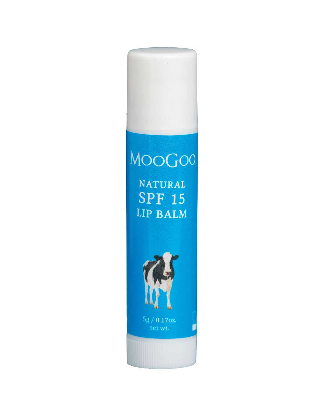 A white tube of MooGoo Natural SPF15 Lip Balm 5g with a blue label featuring a cow illustration, product details in white text, and formulated with Zinc Oxide for natural protection.